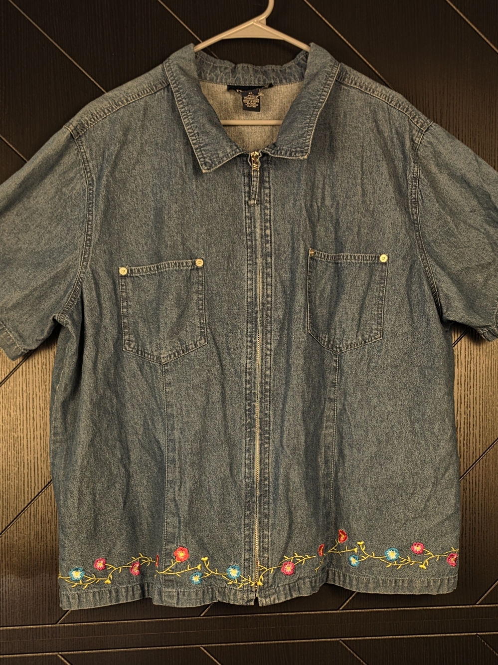#41 Denim & Co 2X Floral Embroidered Denim Zip Front Shirt Jacket